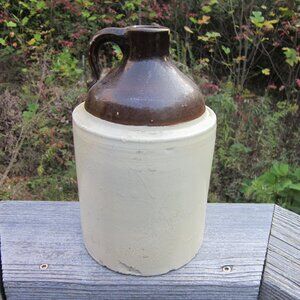 Antique Whiskey Jug Two-Tone Moonshine Stoneware Crock Design Prop 9" Tall